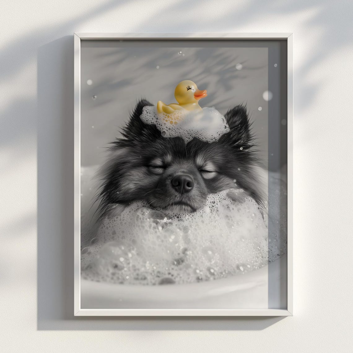 Cute Fluffy Black Dog Bubble Bath Rubber Duck Bathroom Art Poster