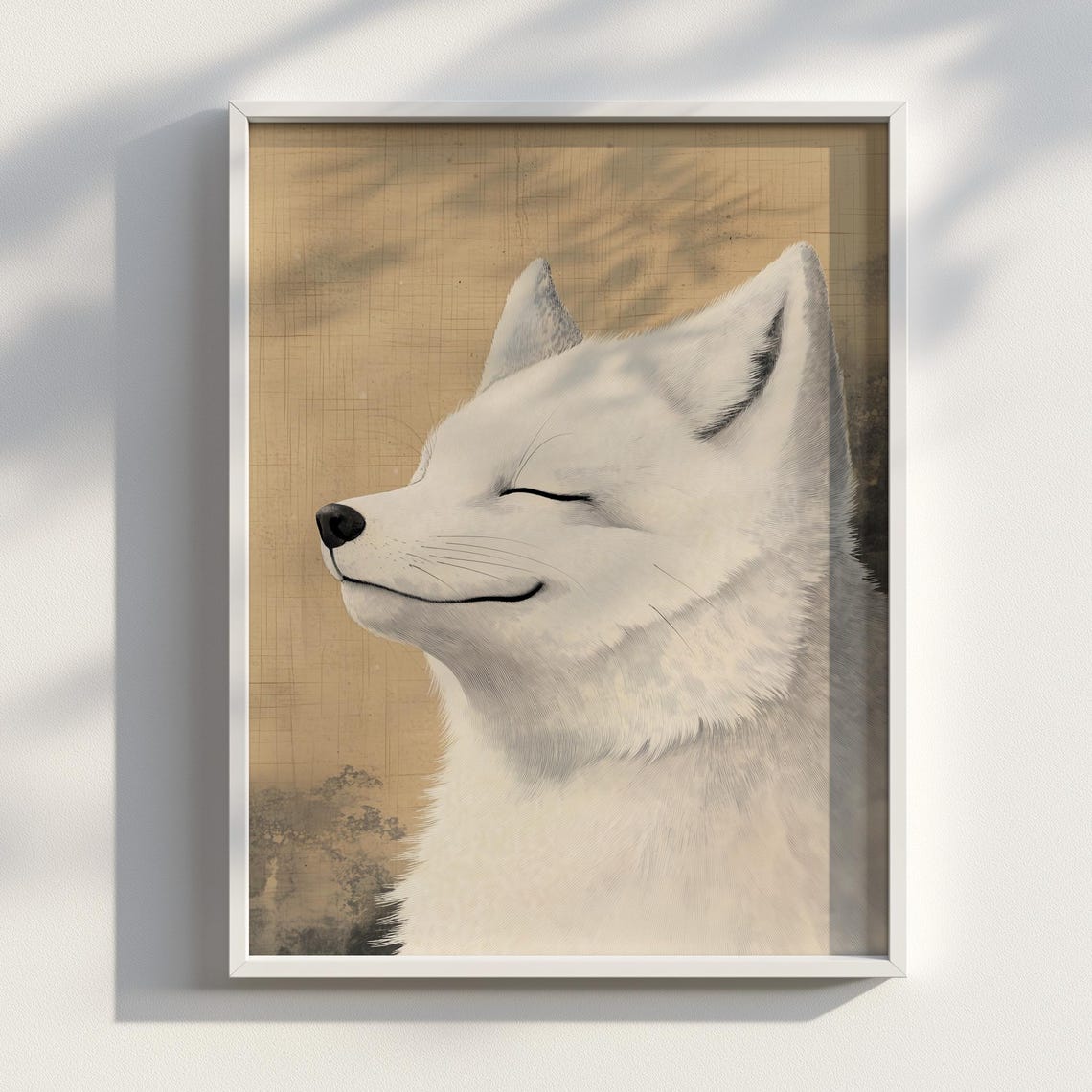 Ukiyo-E Style White Fox Art Print, Minimalist Zen