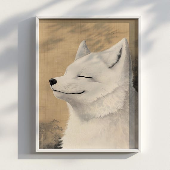 Ukiyo-E Style White Fox Art Print, Minimalist Zen
