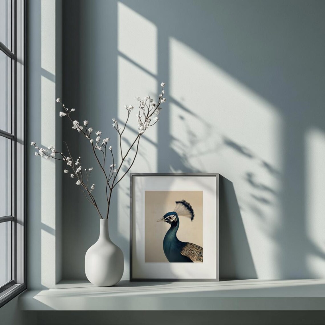Peacock Portrait Japanese Ink Painting Teal Plumage Art Poster - Image 2