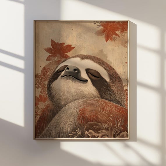 Sloth Print Ukiyoe Style Japanese Wildlife Wall Art Animal Poster Boho Nature Decor Relaxing Zen Artwork Instant