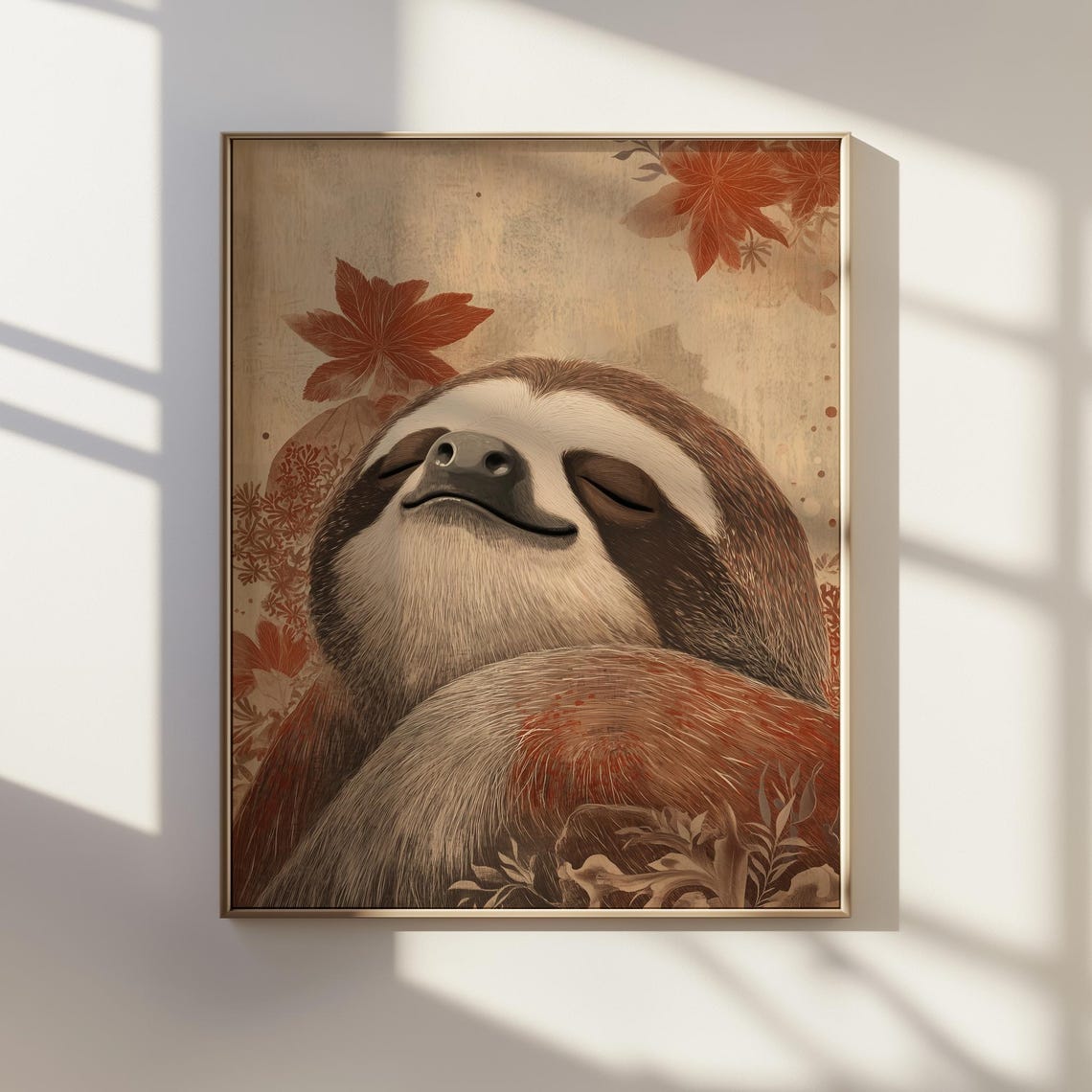 Sleeping Sloth Among Autumn Leaves Warm Toned Wildlife Poster