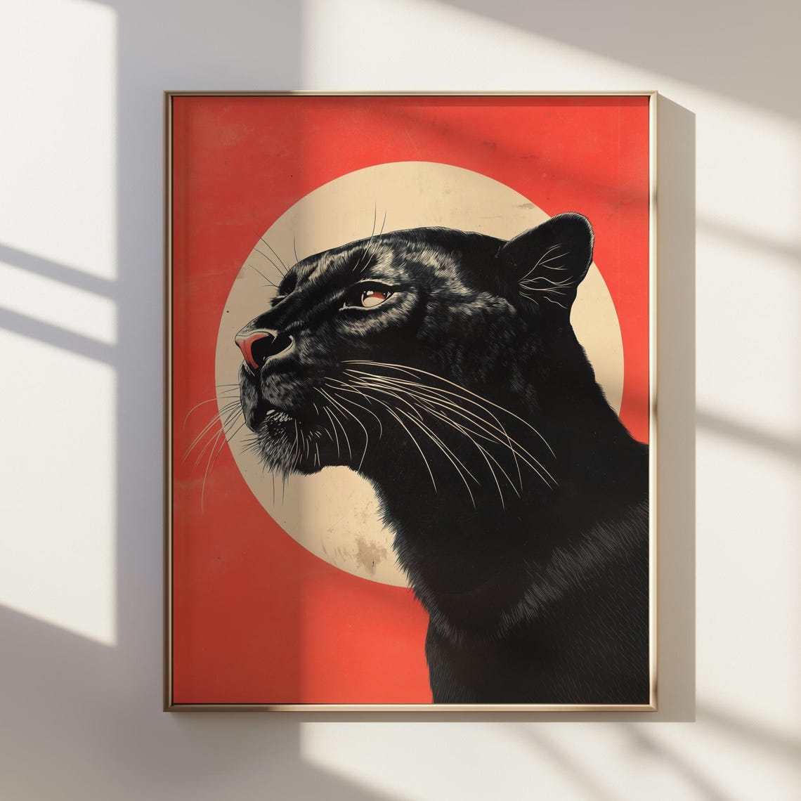 Bold Black Panther Red Sun Japanese Style Big Cat Art Poster