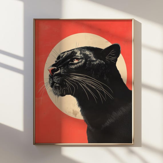 Ukiyoe Style Panther Portrait Japanese Ink Art Of Majestic Bold Animal For Home Decor Unique Wildlife Print