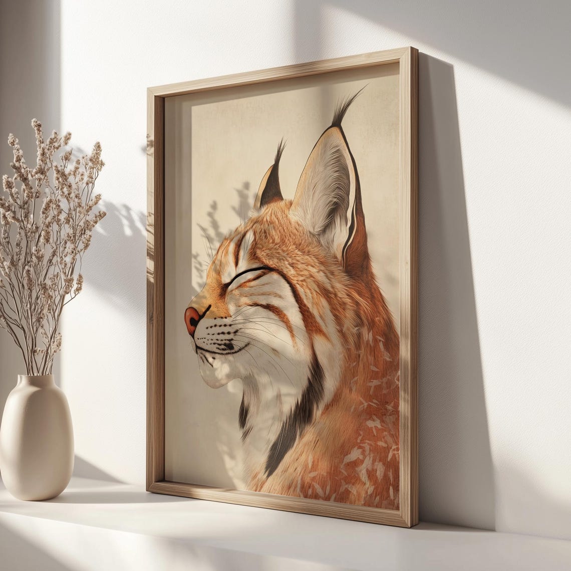 Serene Lynx Portrait Eyes Closed Warm Watercolor Wildlife Poster - Image 2