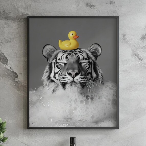 Cute Funny Tiger Bubble Bath Yellow Rubber Duck Bathroom Poster