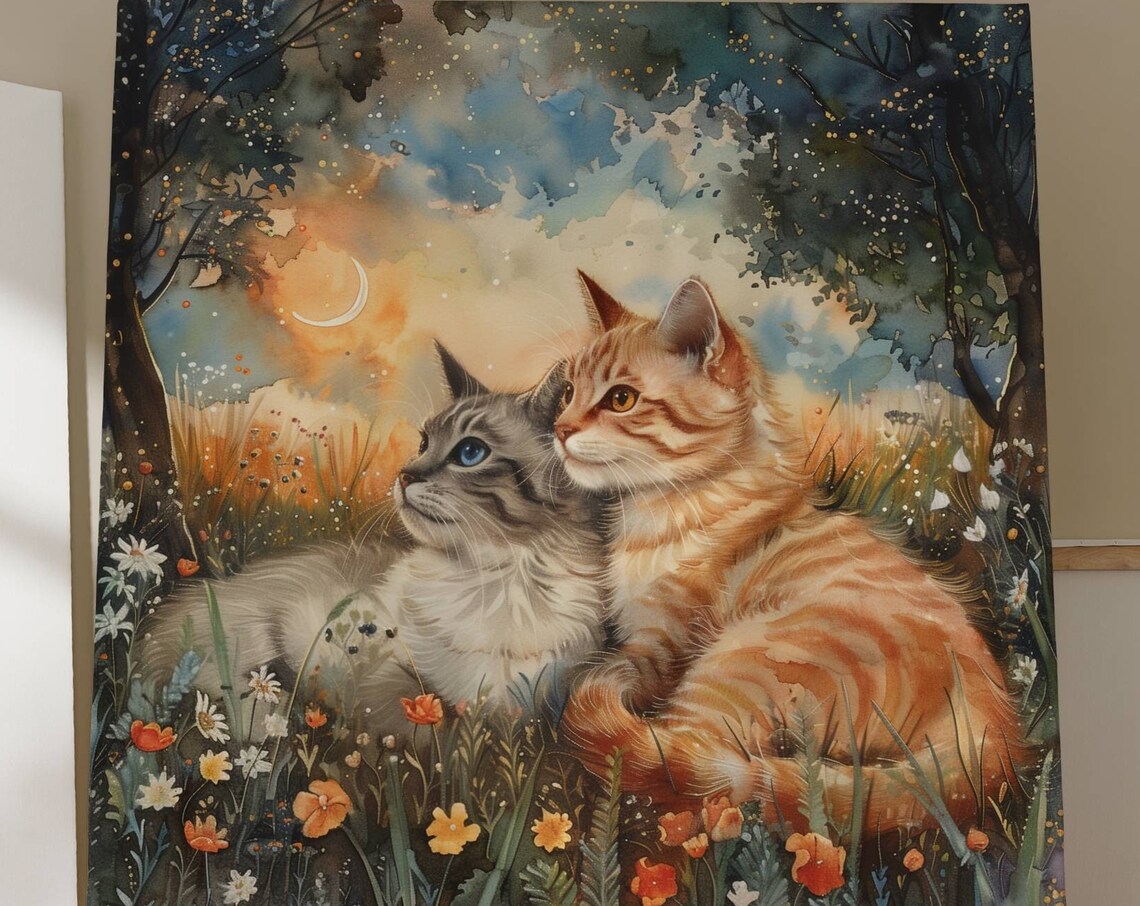 Two Cuddling Cats in a Dreamy Moonlit Wildflower Meadow Poster