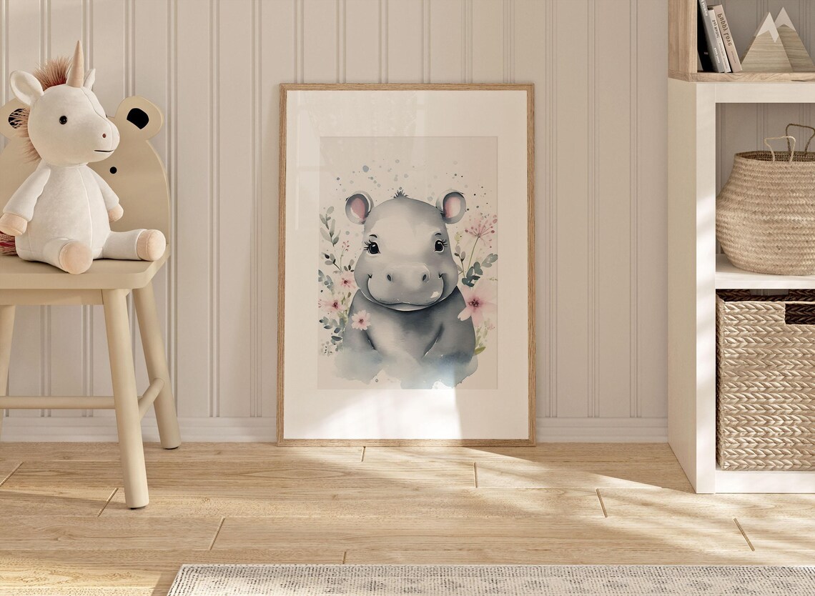 Smiling Baby Hippo Watercolor Nursery Portrait Flowers Poster - Image 2