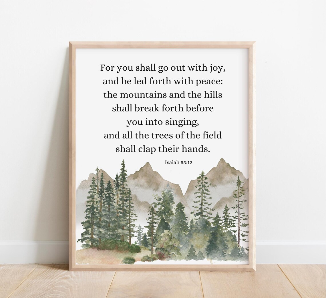 Isaiah 55:12 Go Out With Joy Watercolor Mountain Forest Scripture Poster