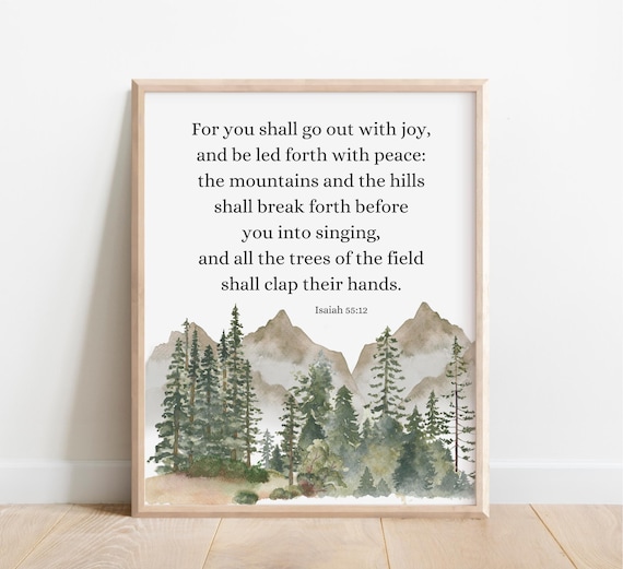 Isaiah 55:12 Go Out With Joy Watercolor Mountain Forest Scripture Poster