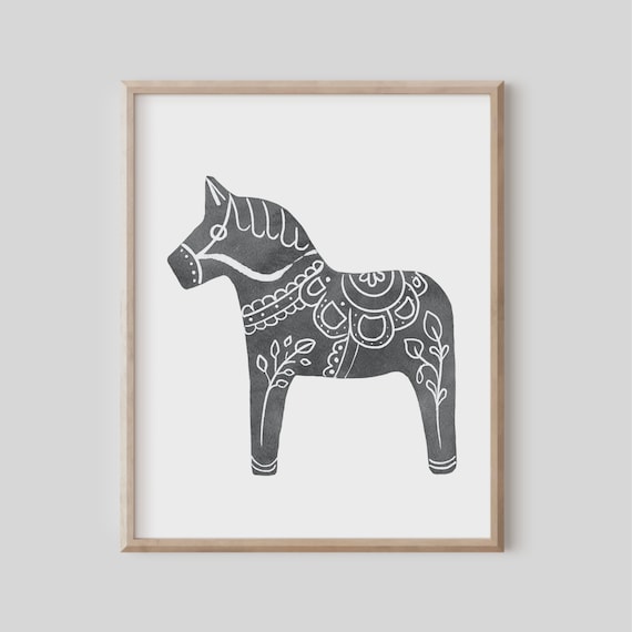 Nordic Grey Dala Horse Swedish Scandinavian Folk Art Wall Print