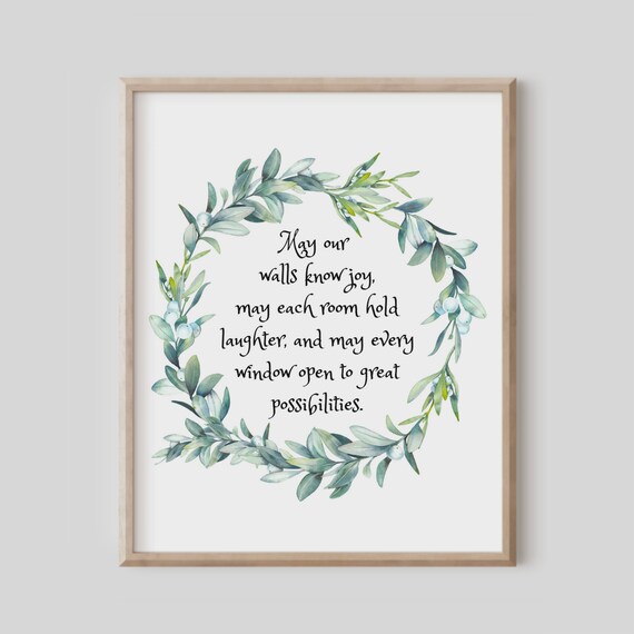 May Our Walls Know Joy Quote Watercolor Eucalyptus Wreath Wall Art