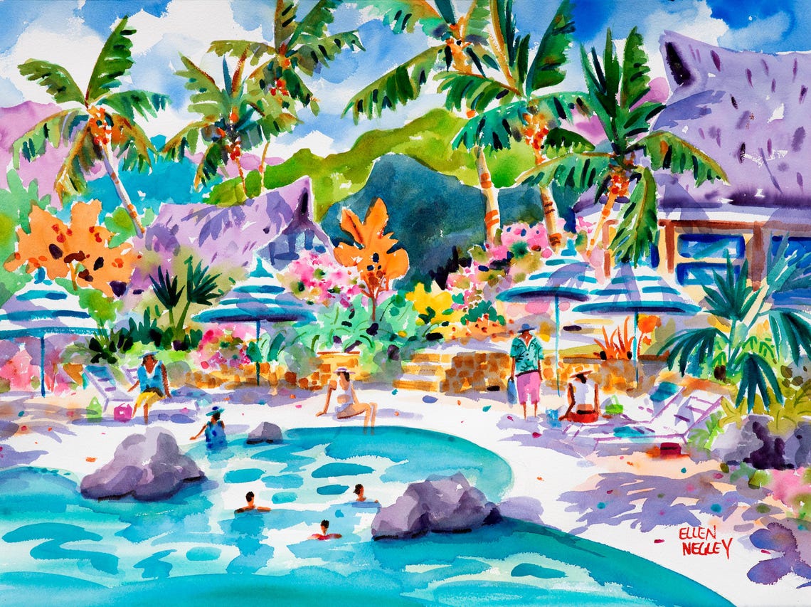 Tropical Island Lagoon Swimmers and Palms Watercolor Art Poster - Image 3