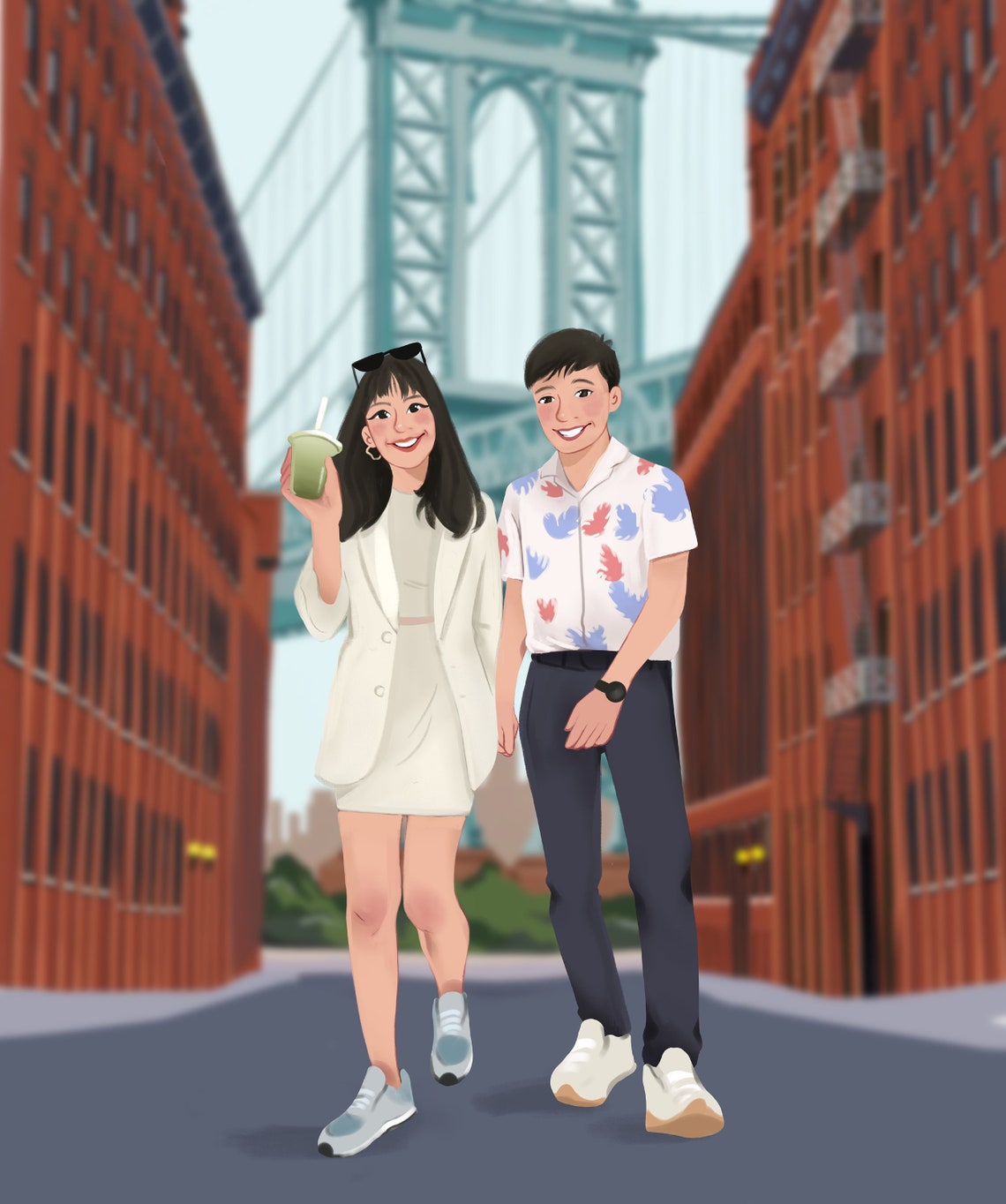 Romantic Couple On Lakeside Park Bench Custom Illustration Poster - Image 2