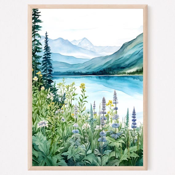 Mountain Lake Serenity Mountain Lake Landscape Watercolor Painting Art Print Home Decor Gift