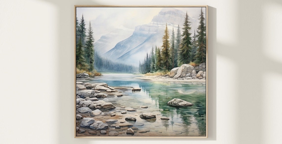 Rocky Shore Mountain Lake Watercolor with Pines and Peak Poster