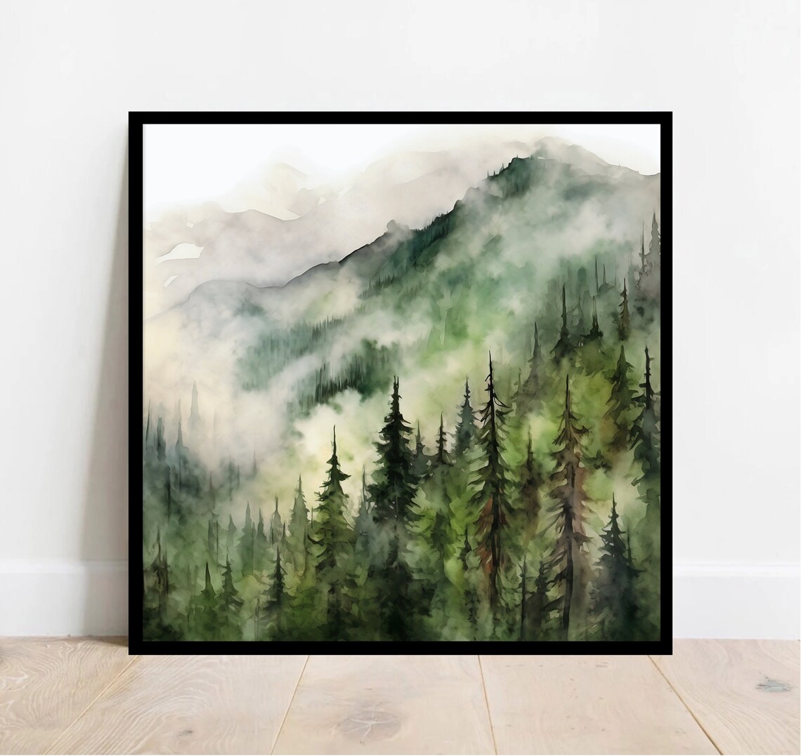 Foggy Pine Forest Misty Mountain Ridge Watercolor Painting Poster - Image 3