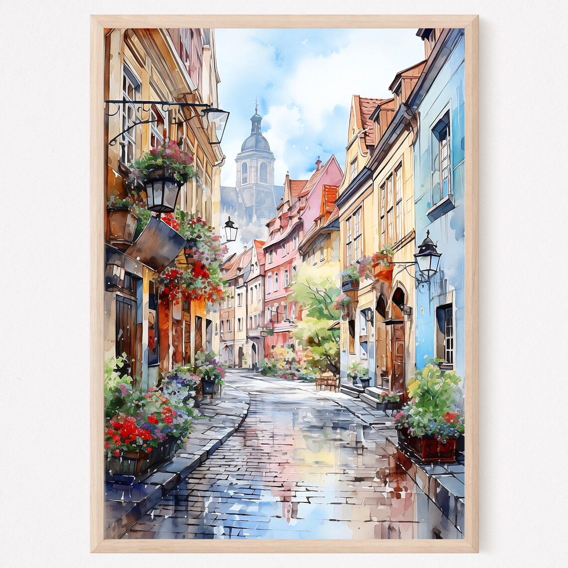 European Old Town Cobblestone Street Colorful Houses Watercolor Poster