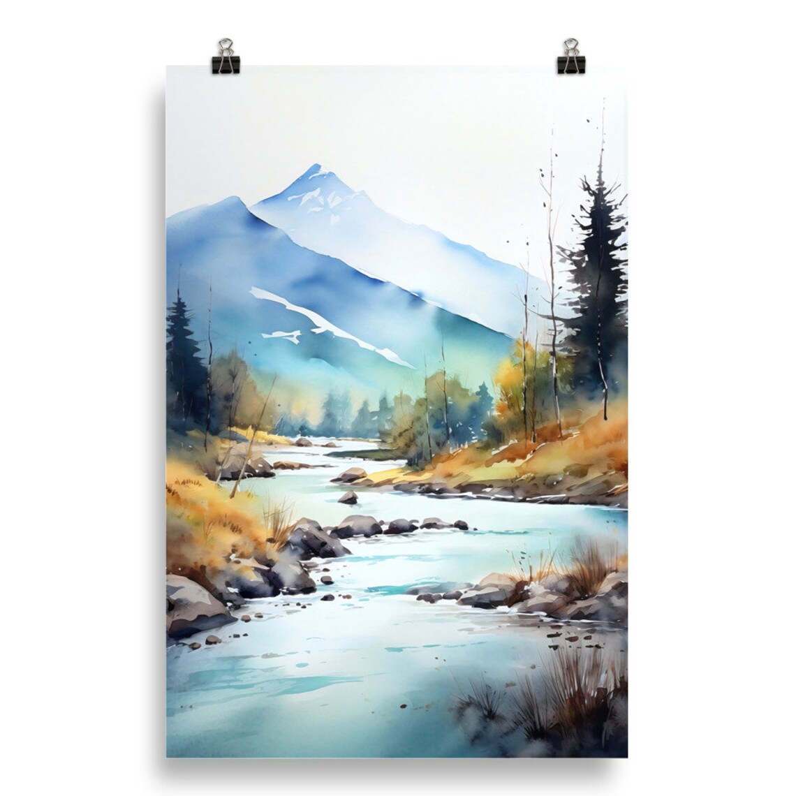 Misty Blue Mountain Peaks Alpine Stream Watercolor Nature Poster - Image 4