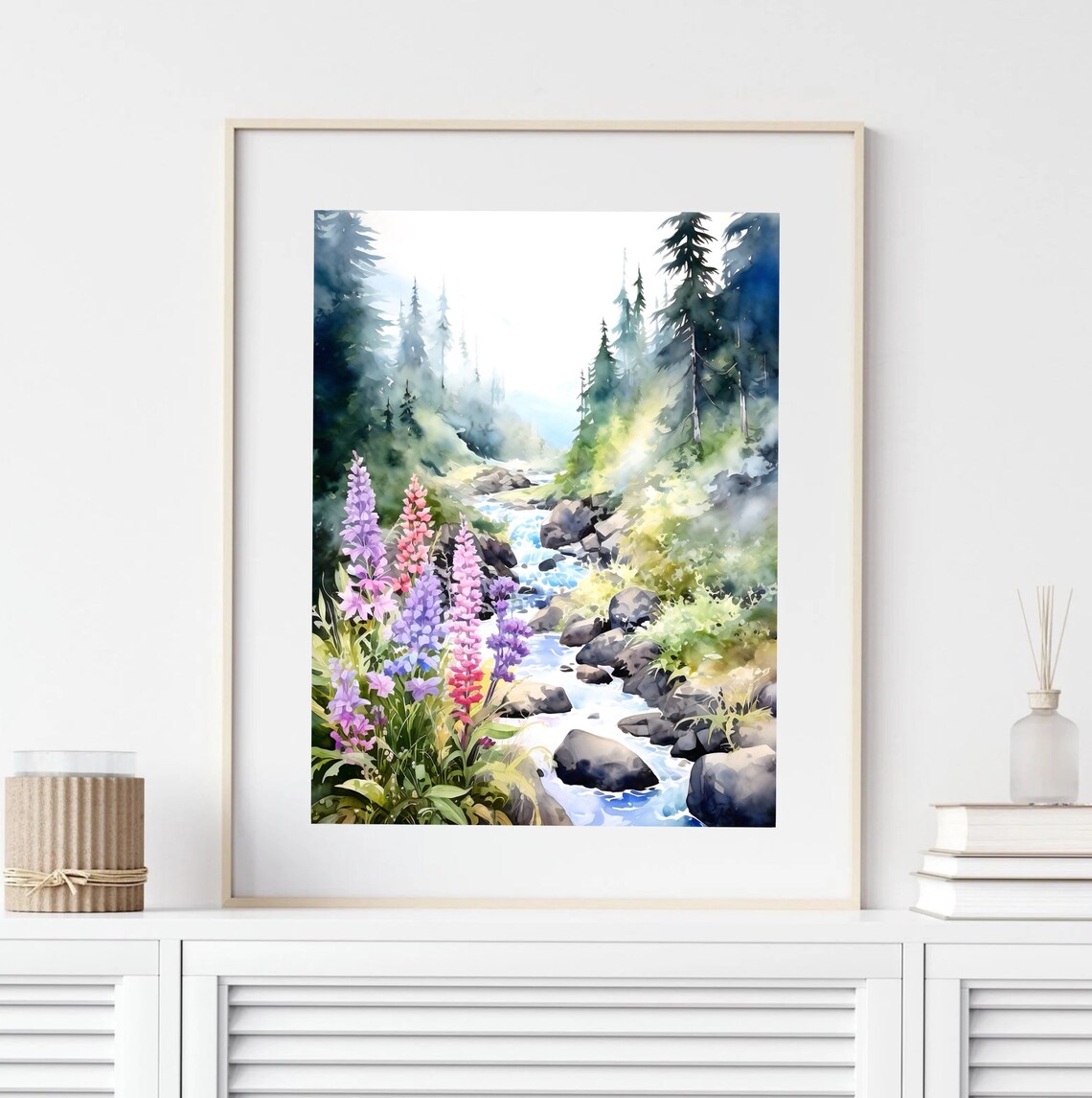 Forest Stream Pink Lupines Rocky Cascades Watercolor Art Poster - Image 4