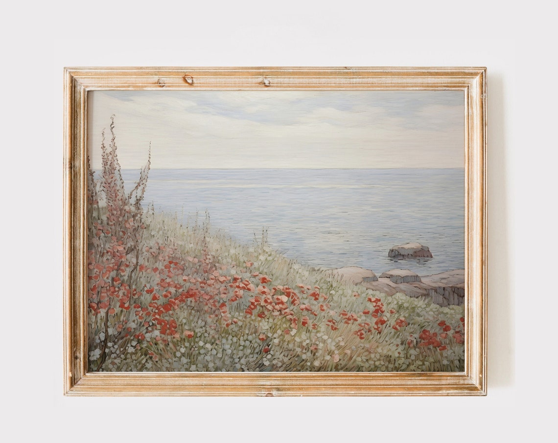 French Countryside Coastal Meadow Red Wildflowers Spring Print