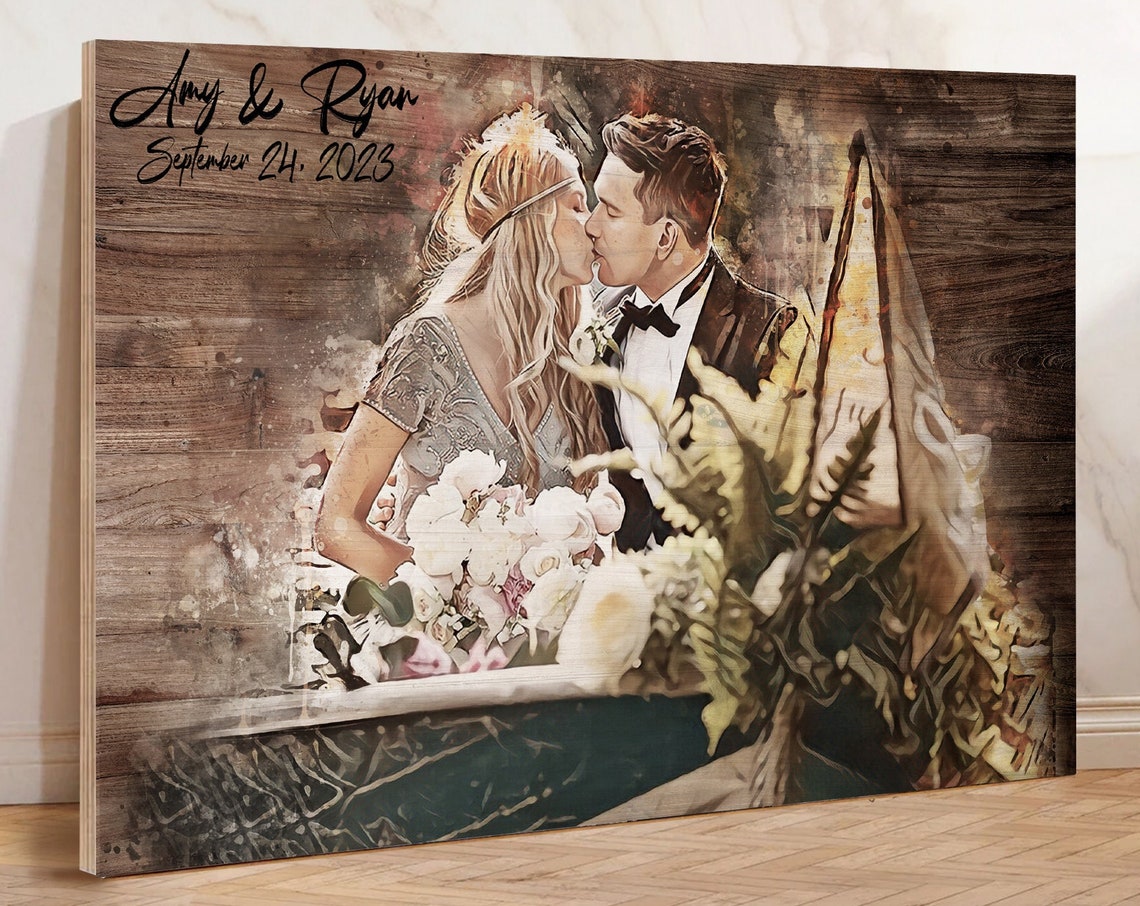 Marie and Joan Watercolor Couple Portrait Date Dark Wood Poster - Image 3