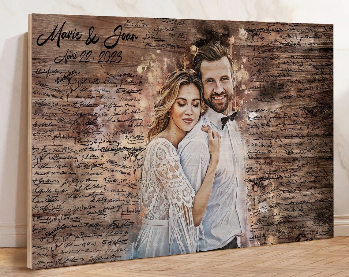 Wedding Guest Book Sign Signatures Couple Portrait Dark Wood Poster