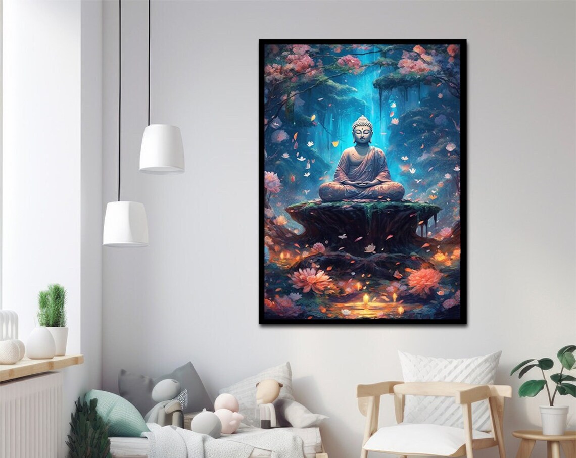 Buddha Meditating Enchanted Forest Lotus Candles Mystical Poster - Image 3