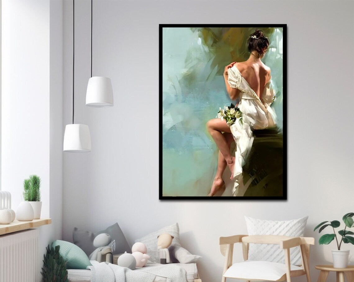 Woman In Flowing White Dress Romantic Classical Painting Soft Wall Art - Image 2