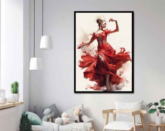Dancing Painting In Red Dress Dancing In The Air Choreography Art Red Dress Art Dancing Woman Dance Art Print Painting