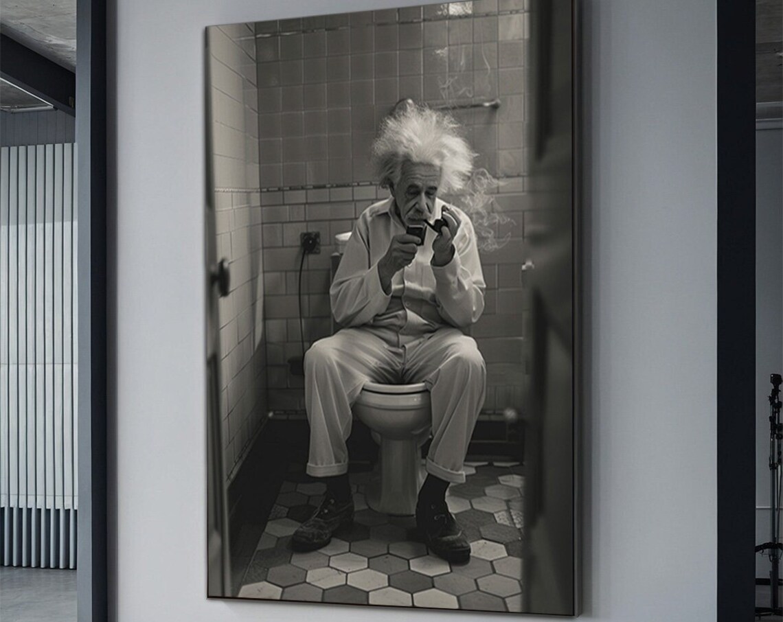Albert Einstein On Toilet Smoking Black And White Humor Poster - Image 3