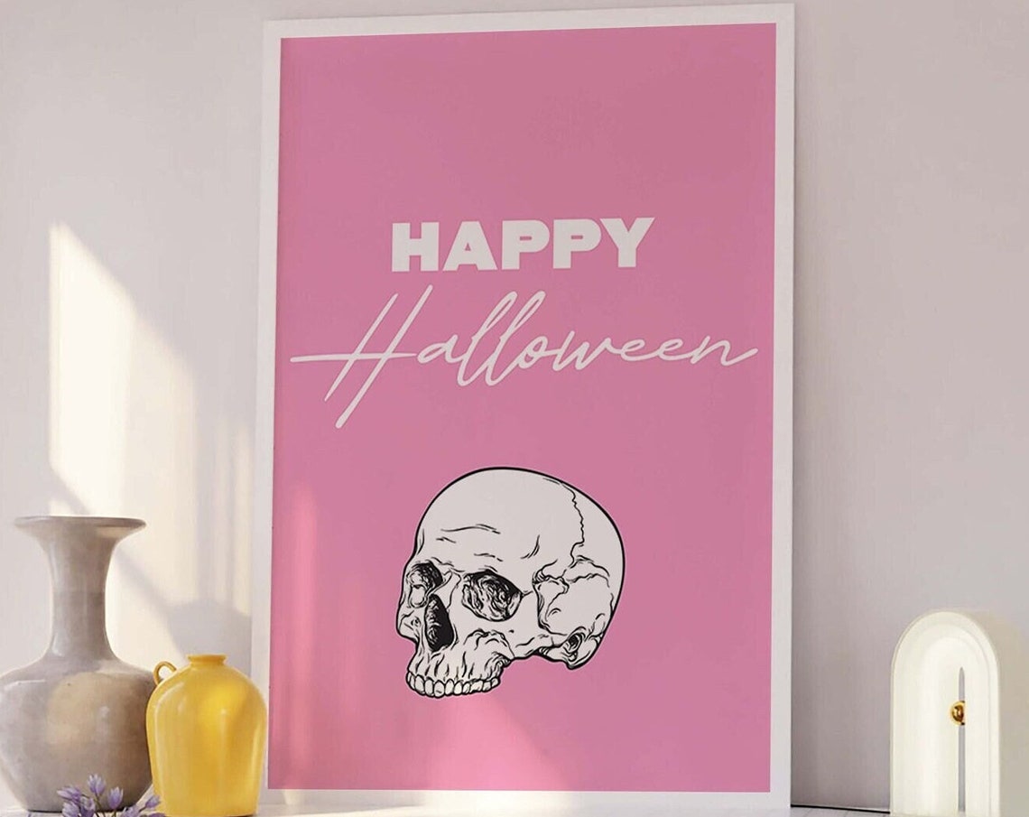 Happy Halloween Skull Script Lettering Pink Gothic Style Wall Art