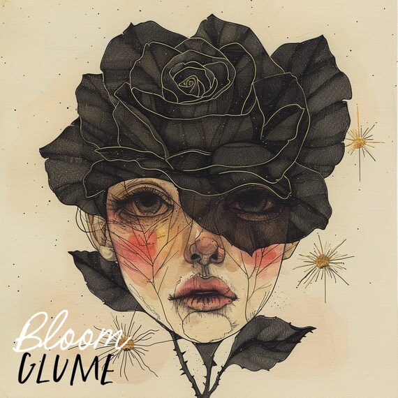 Florence Bloomies Black Rose Flower Face Gothic Lowbrow Art Print