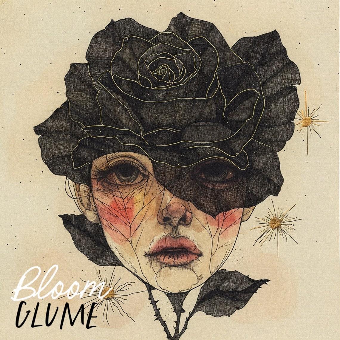Florence Bloomies Black Rose Flower Face Gothic Lowbrow Art Print