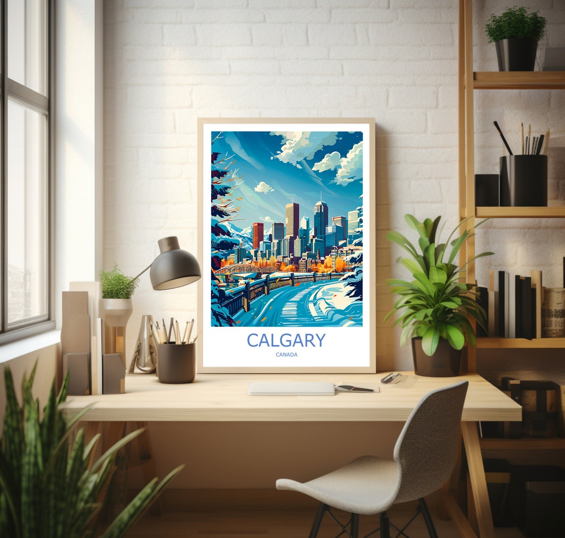 Calgary Canada Winter Skyline River Path Vintage Style Travel Poster - Image 3