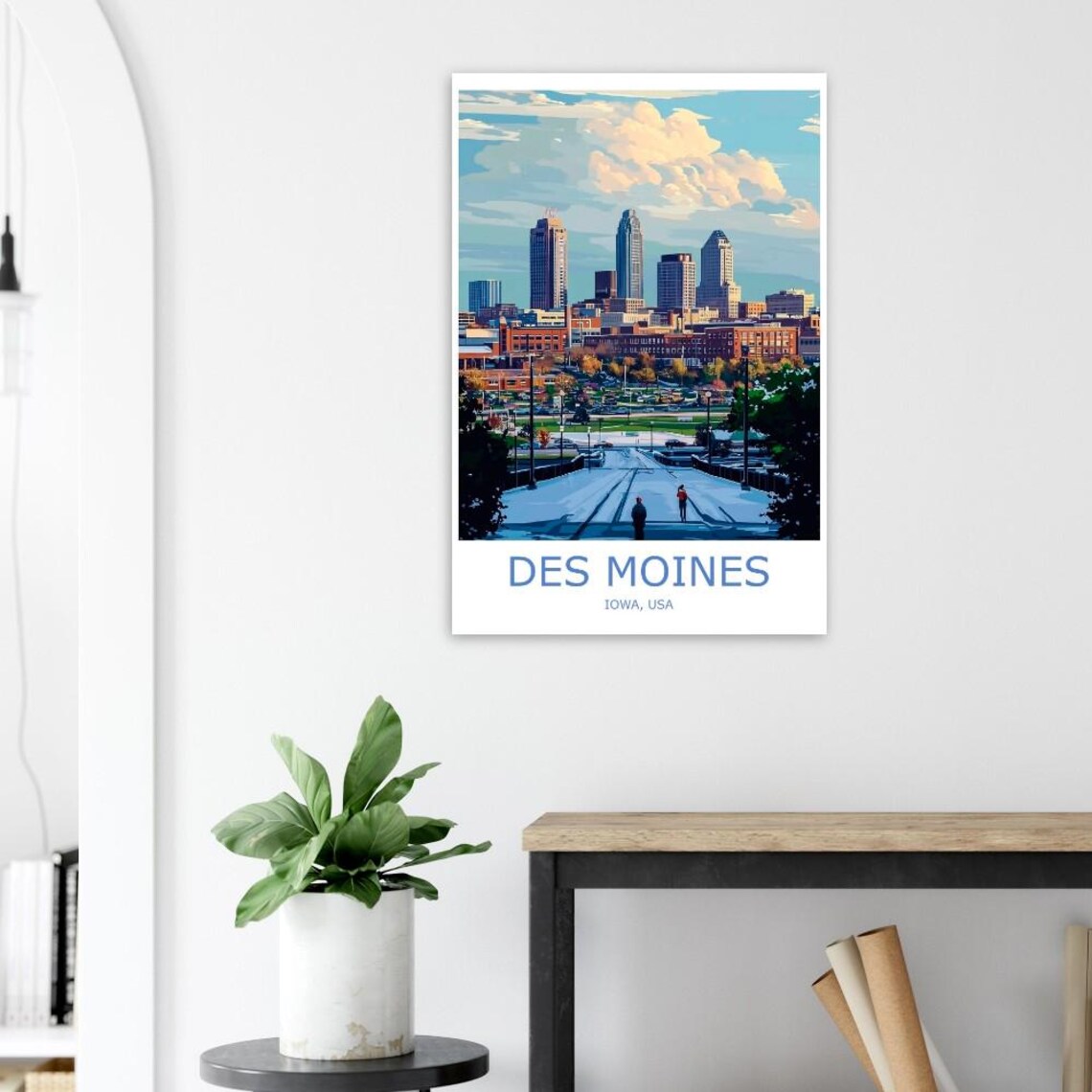 Des Moines Iowa Skyline and River Bridge USA City Travel Poster - Image 2