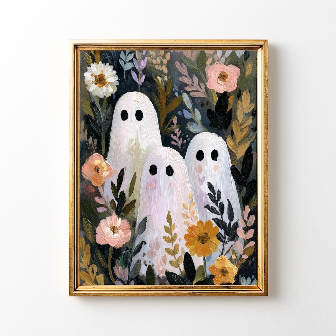 Three Cute Halloween Ghosts Floral Oil Painting Style Poster