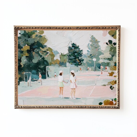 Vintage Tennis Court Summer Players Pink Court Painting Poster