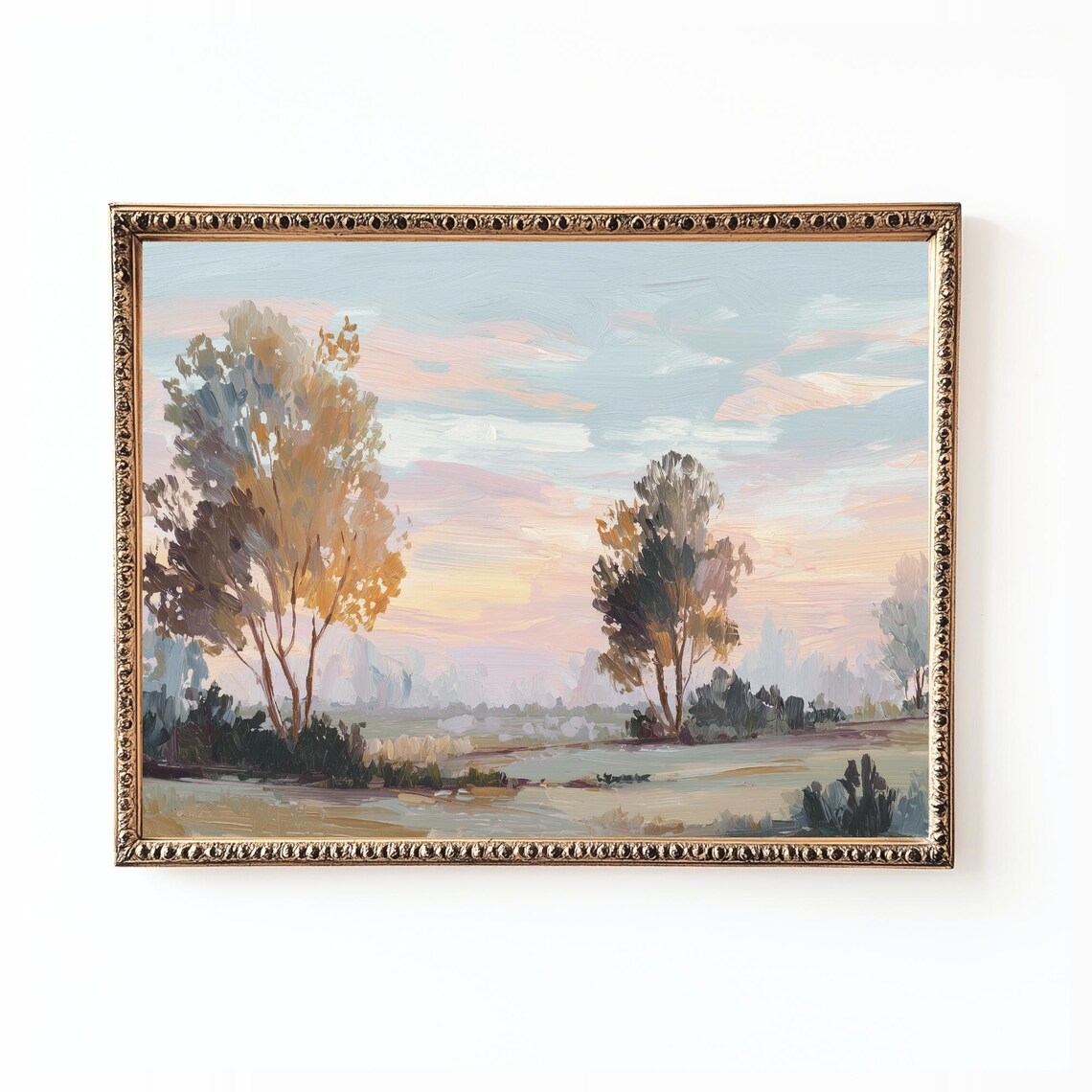 Pastel Sunset Landscape Art Print, Rustic Autumn Trees