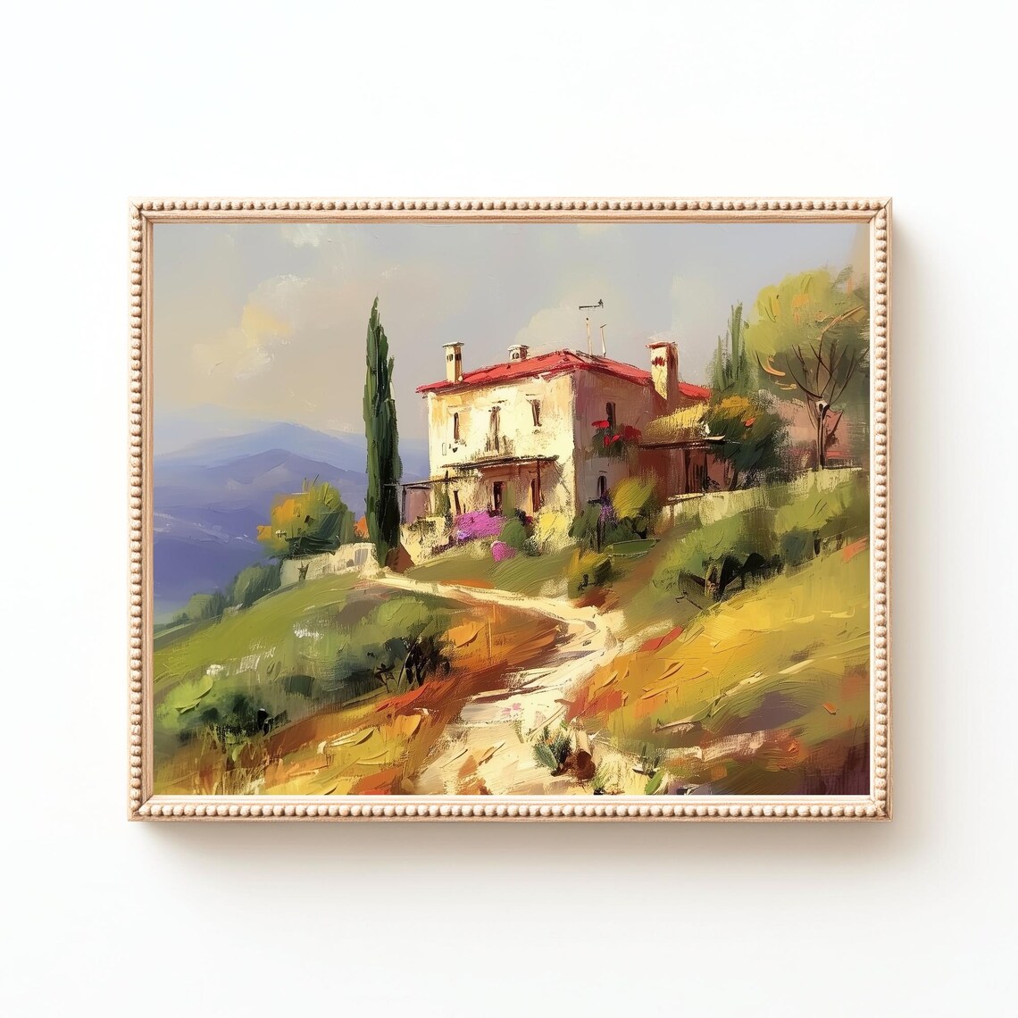 Tuscan Villa Landscape Painting, Vintage Italian Art