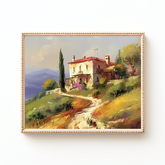 Tuscan Villa Landscape Painting, Vintage Italian Art