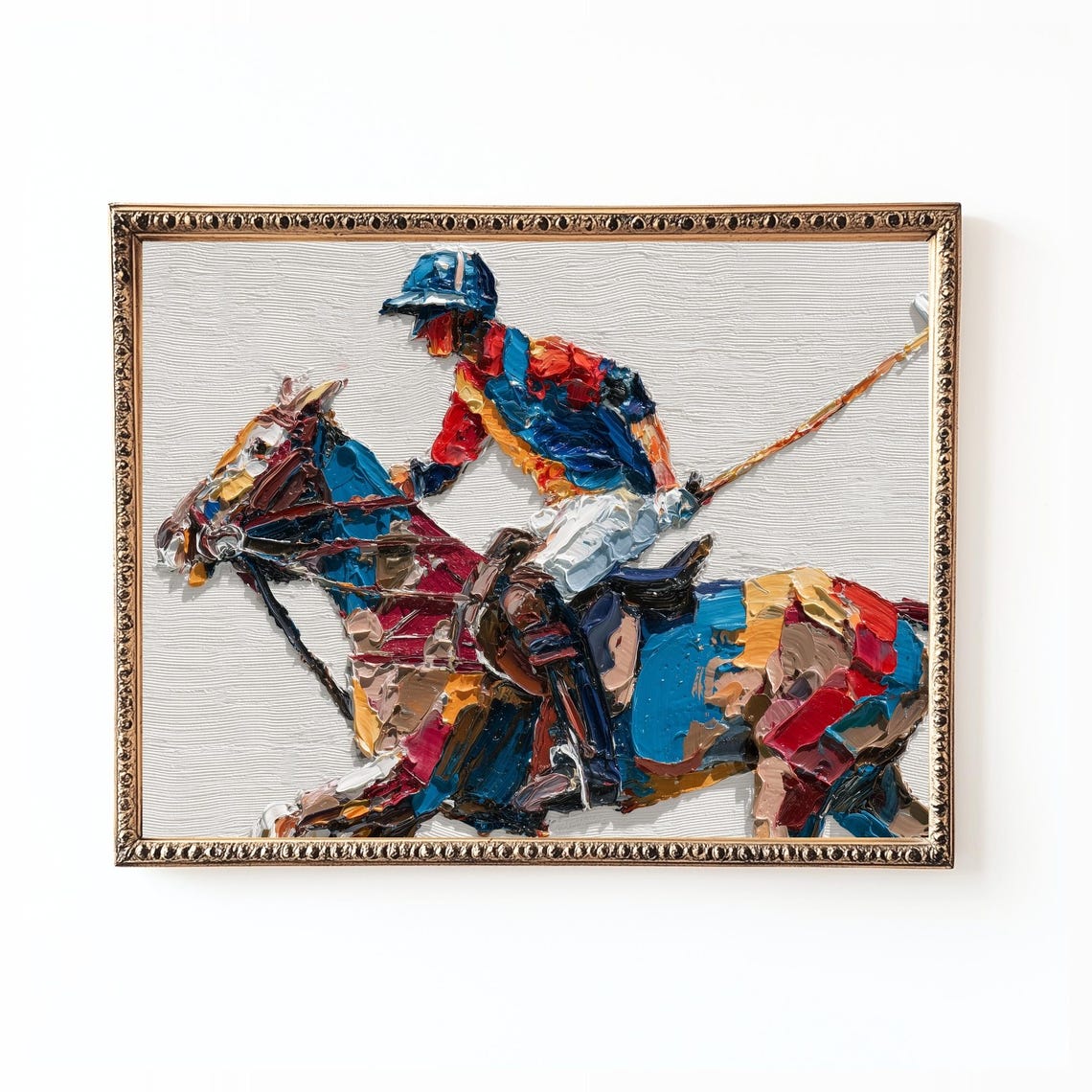 Polo Player Horseback Impasto Knife Painting Equestrian Wall Art