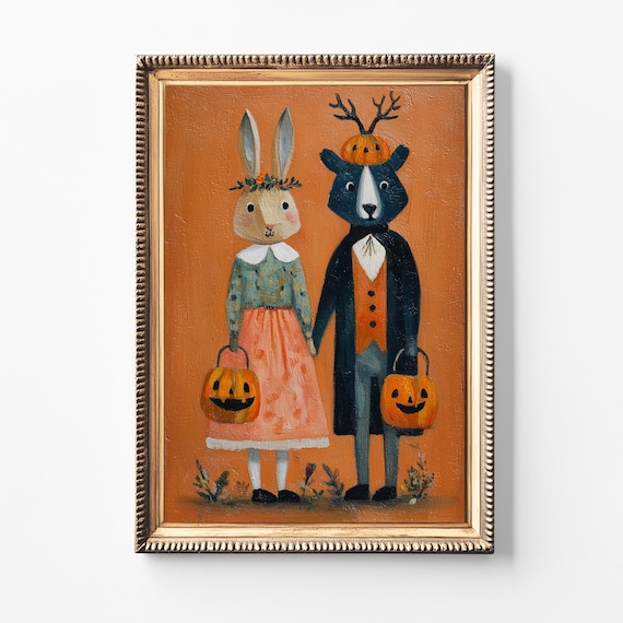Whimsical Halloween Animals Art Print Vintage Folk Style