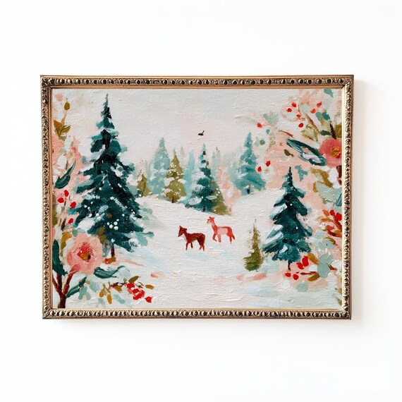 Winter Deer In Snowy Pines Floral Border Christmas Landscape Poster