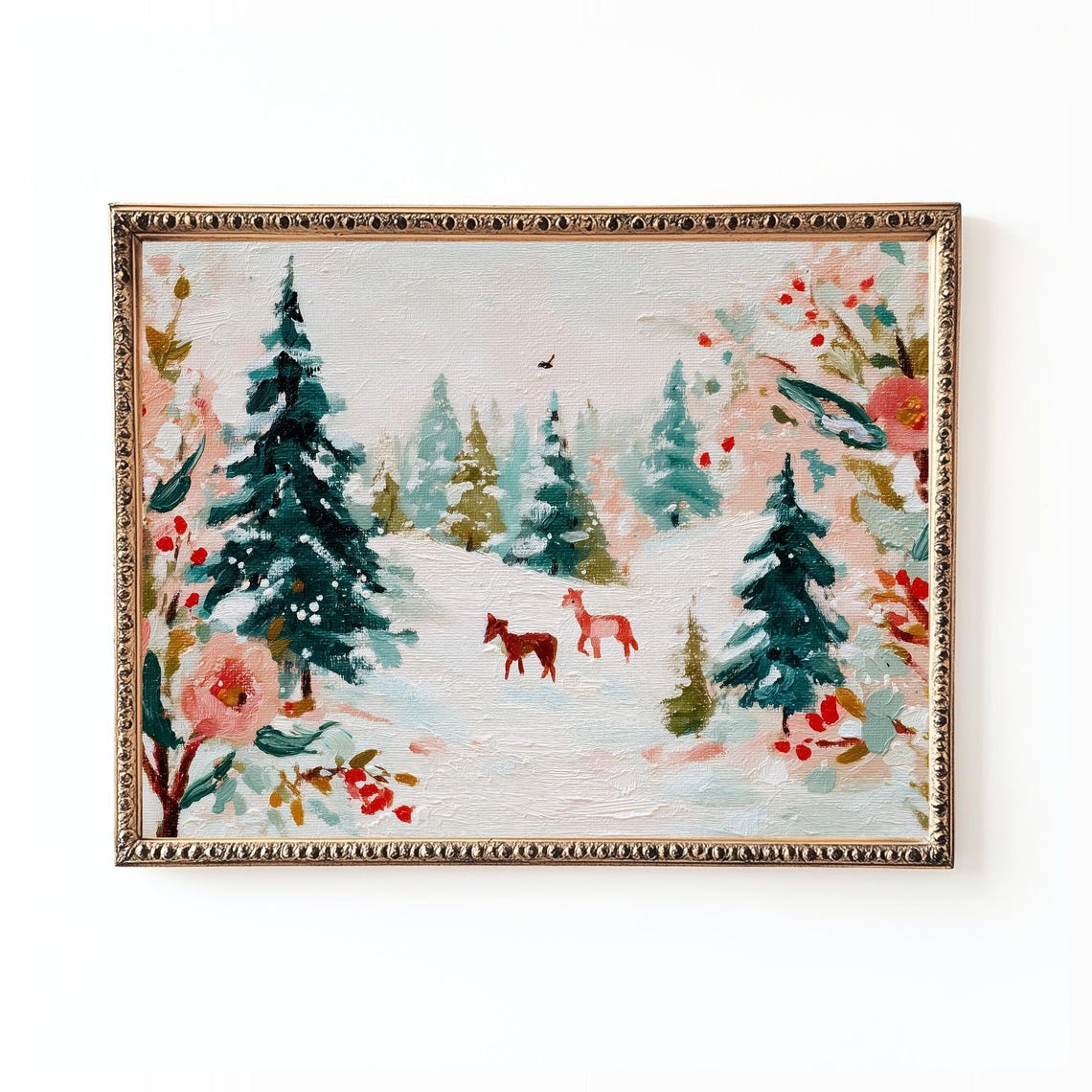 Winter Deer In Snowy Pines Floral Border Christmas Landscape Poster
