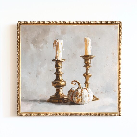 Vintage Pumpkin Candle Still Life Art Rustic Autumn Decor