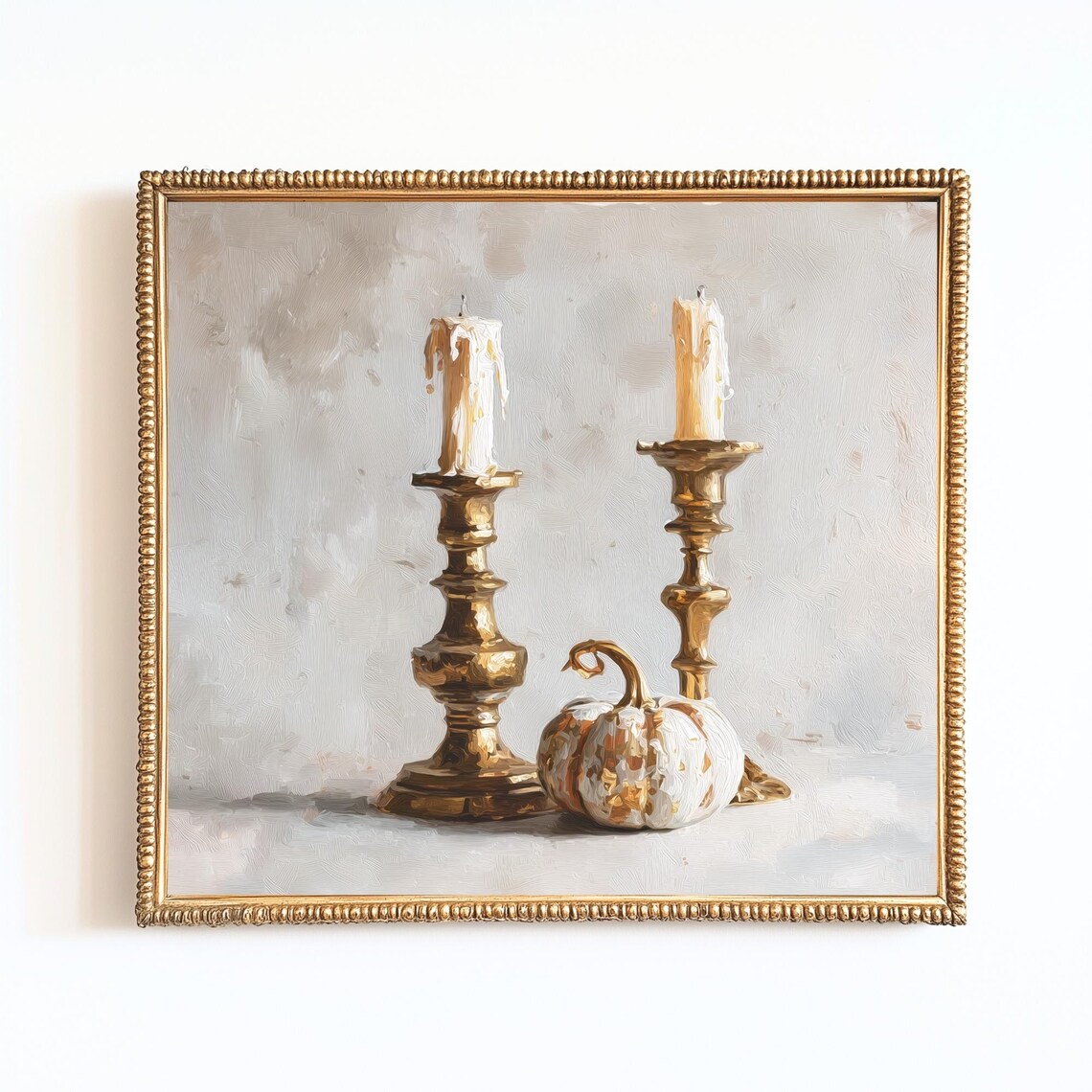 Brass Candlesticks And White Pumpkin Rustic Candlelight Painting Poster