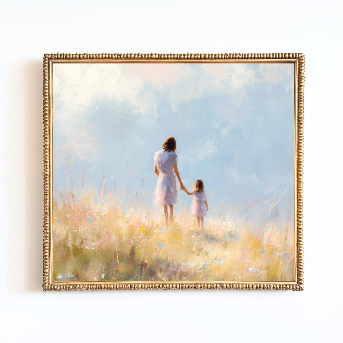 Mother and Daughter Wildflower Meadow Impressionist Art Print