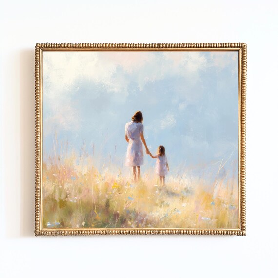Mother and Daughter Wildflower Meadow Impressionist Art Print