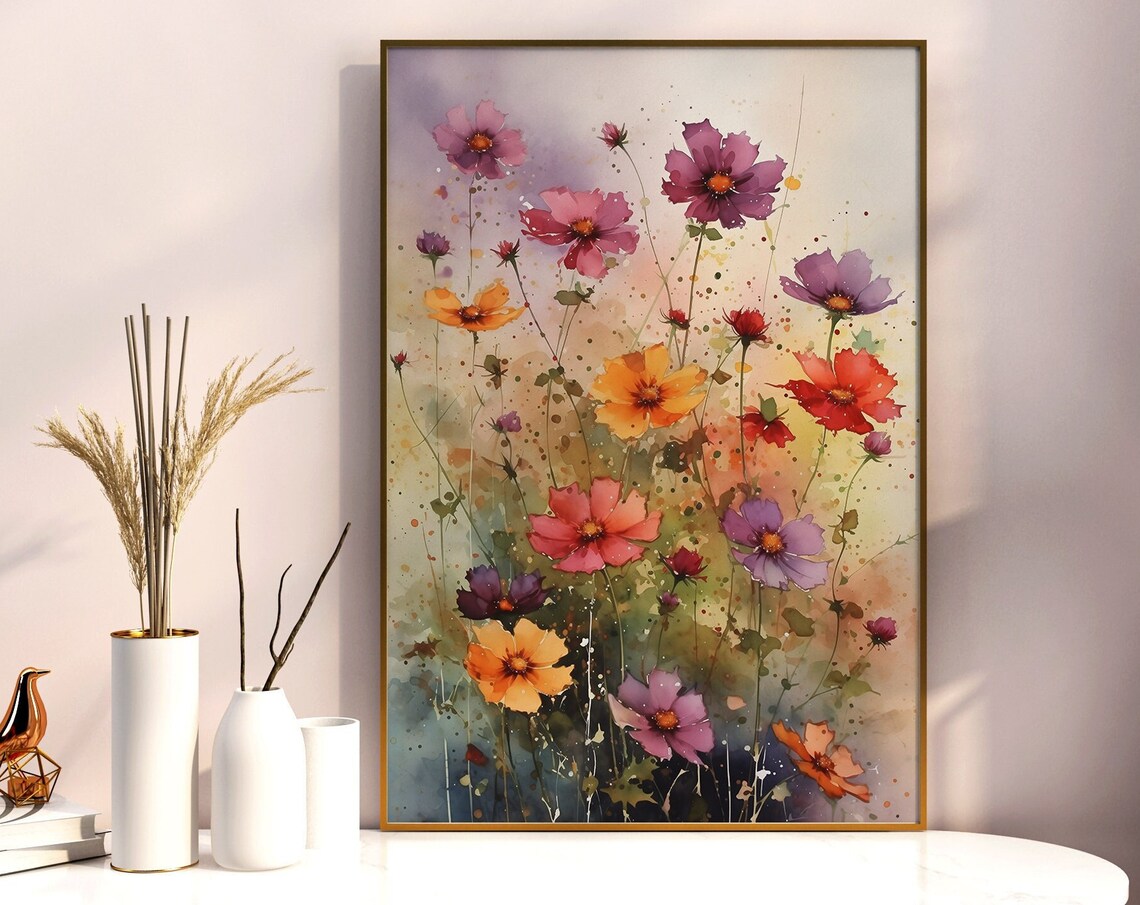 Colorful Cosmos Wildflowers Watercolor Vibrant Floral Art Poster